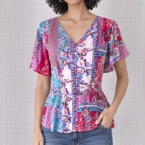 NWT Chico’s Patchwork Peplum Flutter-Sleeve Top Size M